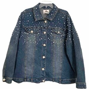 Quacker Factory Jacket Denim Pearl Embellished Rhinestone Blue Jean Women’s XL
